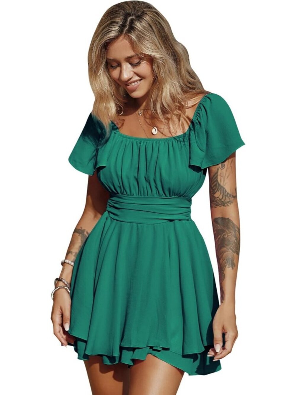 Women's Green Summer Ruffle Short Sleeve Tie Back Square Neck A Line Jumpsuits